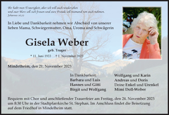 Traueranzeige von Gisela Weber von Mindelheimer Zeitung