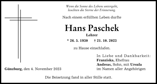 Traueranzeige von Hans Paschek von Günzburger Zeitung
