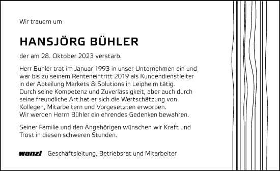 Traueranzeige von Hansjörg Bühler von Günzburger Zeitung