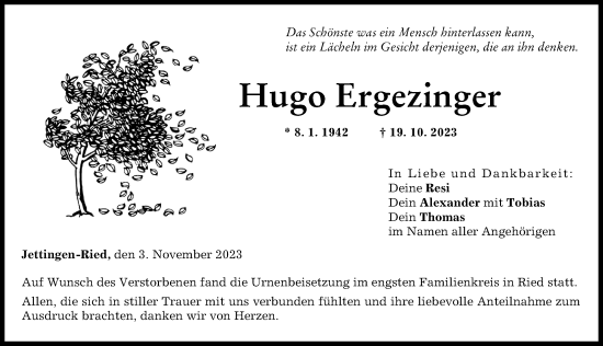 Traueranzeige von Hugo Ergezinger von Günzburger Zeitung