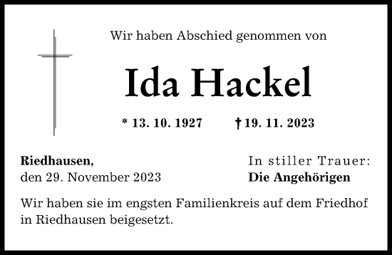 Traueranzeige von Ida Hackel von Günzburger Zeitung