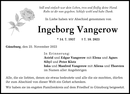 Traueranzeige von Ingeborg Vangerow von Günzburger Zeitung