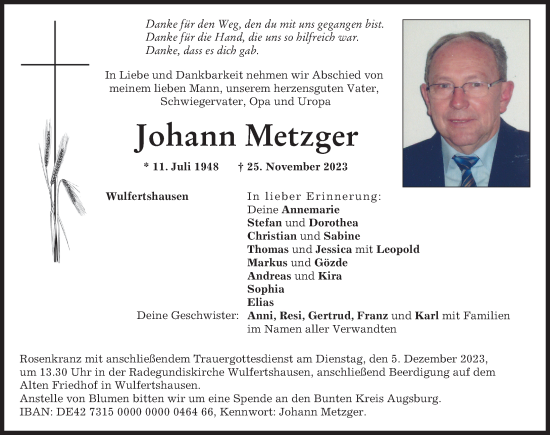 Traueranzeige von Johann Metzger von Friedberger Allgemeine, Aichacher Nachrichten