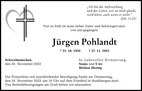 Traueranzeige von Jürgen Pohlandt von Augsburger Allgemeine