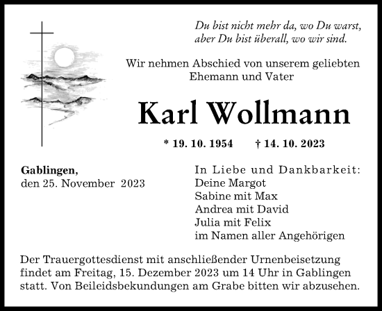 Traueranzeige von Karl Wollmann von Augsburger Allgemeine
