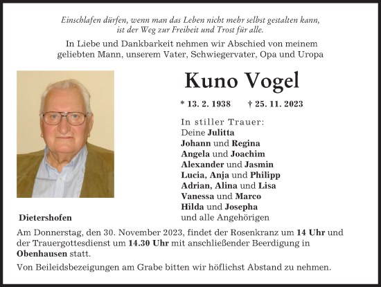Traueranzeige von Kuno Vogel von Illertisser Zeitung
