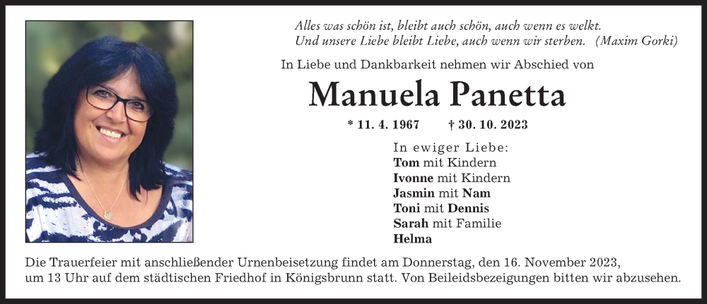  Traueranzeige für Manuela Panetta vom 11.11.2023 aus Schwabmünchner Allgemeine