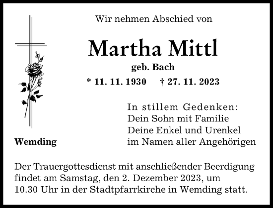 Traueranzeige von Martha Mittl von Donauwörther Zeitung