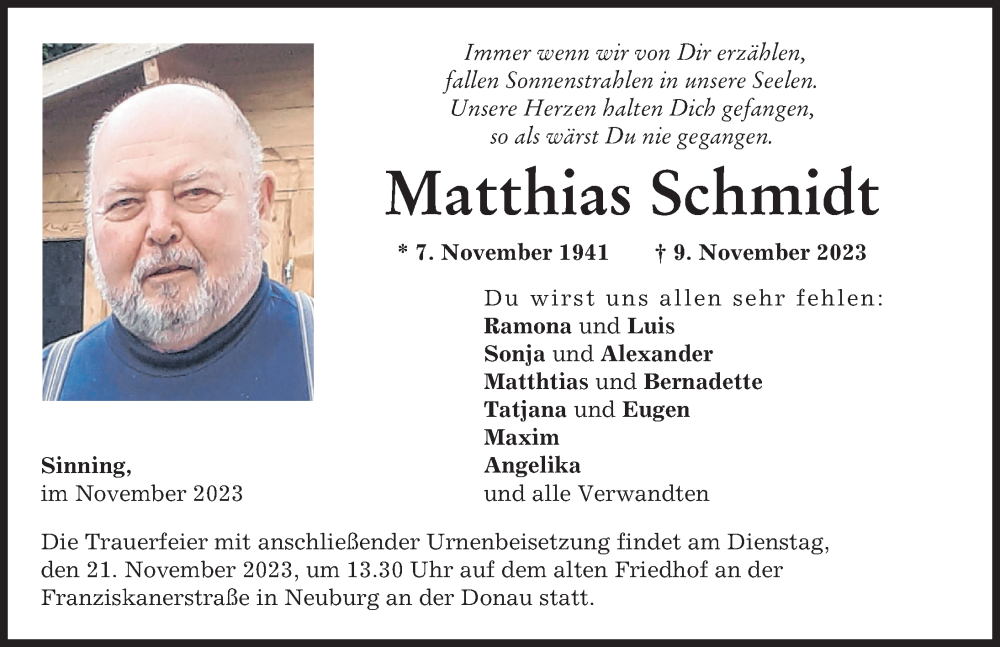  Traueranzeige für Matthias Schmidt vom 18.11.2023 aus Neuburger Rundschau