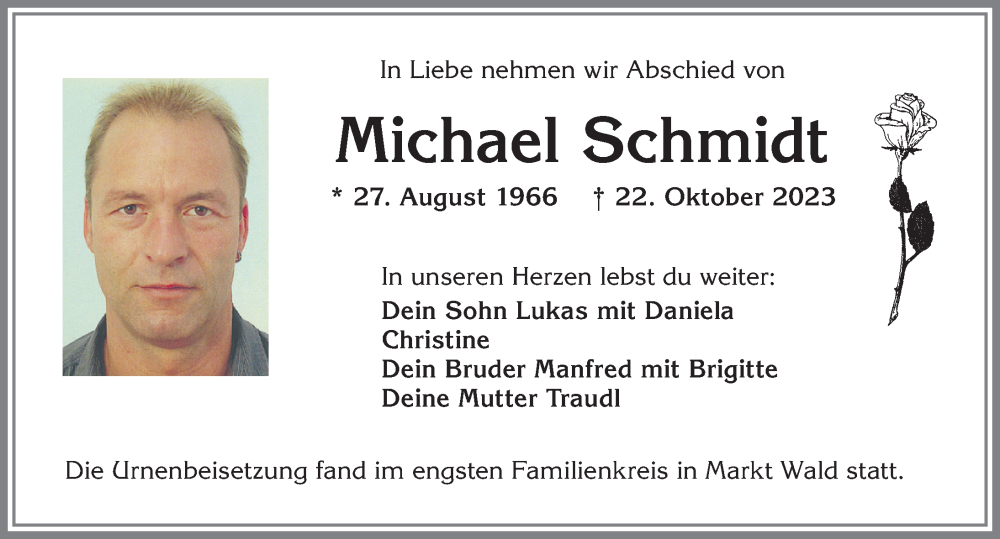  Traueranzeige für Michael Schmidt vom 04.11.2023 aus Mindelheimer Zeitung