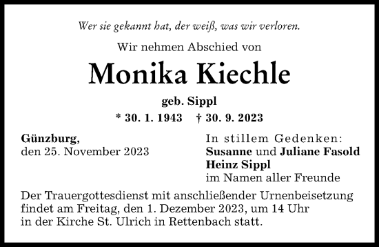 Traueranzeige von Monika Kiechle von Günzburger Zeitung