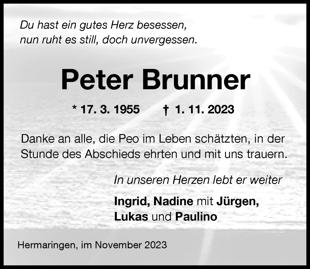  Traueranzeige für Peter Brunner vom 18.11.2023 aus Donau Zeitung