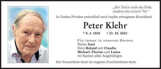 Traueranzeige von Peter Klehr von Schwabmünchner Allgemeine