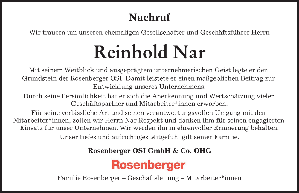  Traueranzeige für Reinhold Nar vom 18.11.2023 aus Augsburger Allgemeine