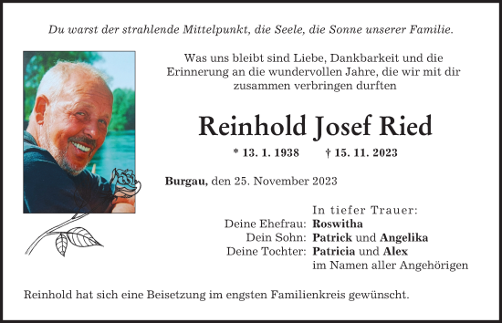 Traueranzeige von Reinhold Josef Ried von Günzburger Zeitung