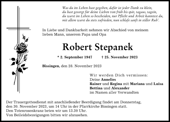 Traueranzeige von Robert Stepanek von Donau Zeitung