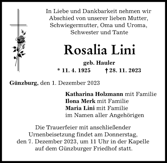 Traueranzeige von Rosalia Lini von Günzburger Zeitung