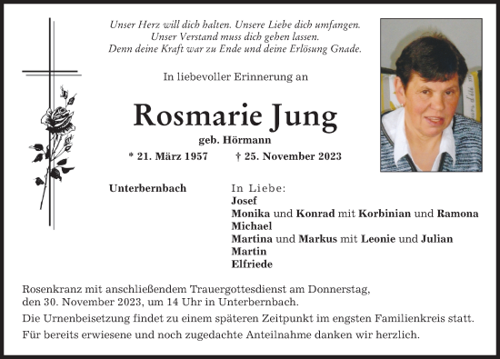 Traueranzeige von Rosmarie Jung von Aichacher Nachrichten
