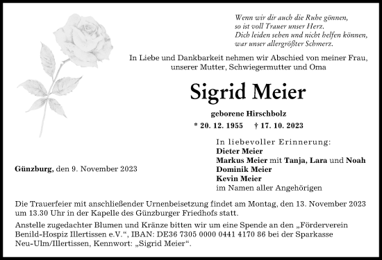 Traueranzeige von Sigrid Meier von Günzburger Zeitung