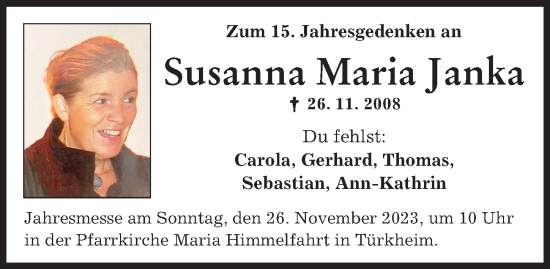 Traueranzeige von Susanna Maria Janka von Mindelheimer Zeitung