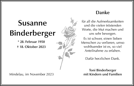 Traueranzeige von Susanne Binderberger von Mindelheimer Zeitung