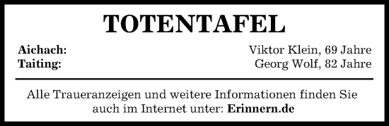 Traueranzeige von Totentafel vom 22.11.2023 von Aichacher Nachrichten