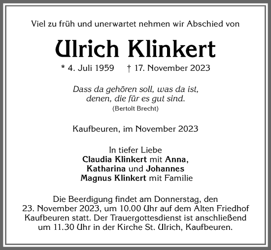 Traueranzeige von Ulrich Klinkert von Augsburger Allgemeine