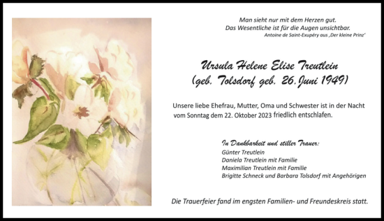 Traueranzeige von Ursula Helene Elise Treutlein von Günzburger Zeitung