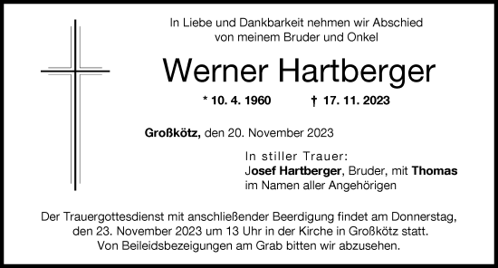 Traueranzeige von Werner Hartberger von Günzburger Zeitung