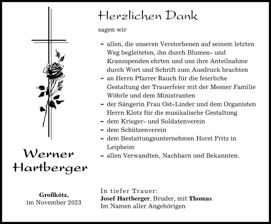 Traueranzeige von Werner Hartberger von Günzburger Zeitung