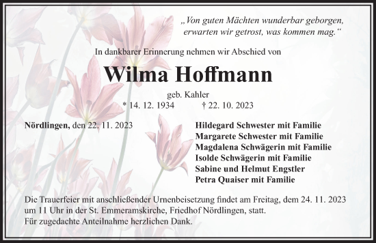 Traueranzeige von Wilma Hoffmann von Rieser Nachrichten