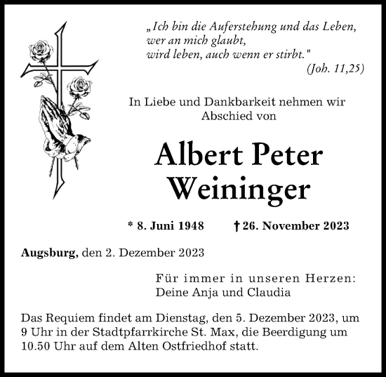 Traueranzeige von Albert Peter Weininger von Augsburger Allgemeine