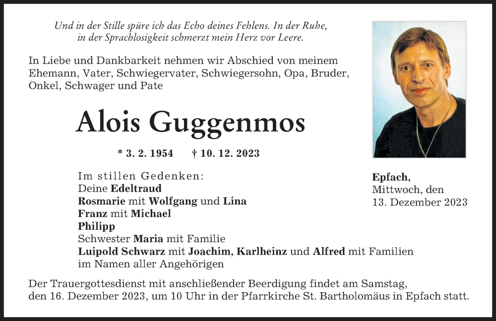  Traueranzeige für Alois Guggenmos vom 13.12.2023 aus Landsberger Tagblatt