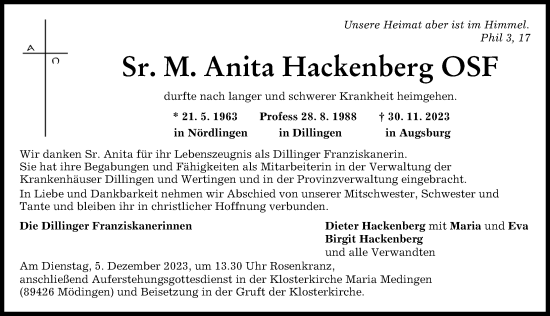 Traueranzeige von Anita Hackenberg von Rieser Nachrichten, Donau Zeitung