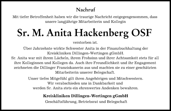 Traueranzeige von Anita Hackenberg von Donau Zeitung
