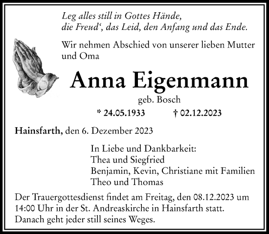 Traueranzeige von Anna Eigenmann von Rieser Nachrichten