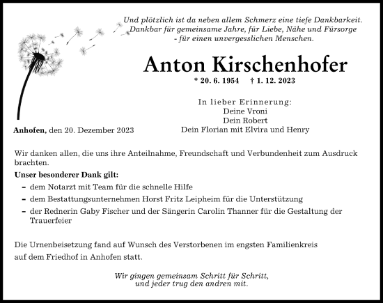 Traueranzeige von Anton Kirschenhofer von Günzburger Zeitung