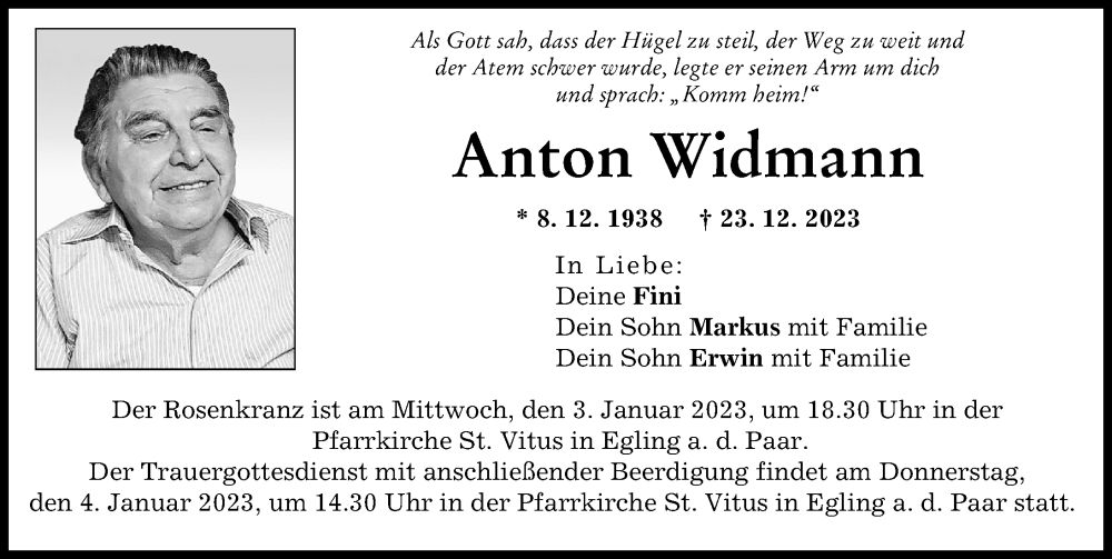  Traueranzeige für Anton Widmann vom 30.12.2023 aus Landsberger Tagblatt, Friedberger Allgemeine