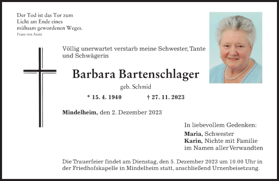 Traueranzeige von Barbara Bartenschlager von Mindelheimer Zeitung
