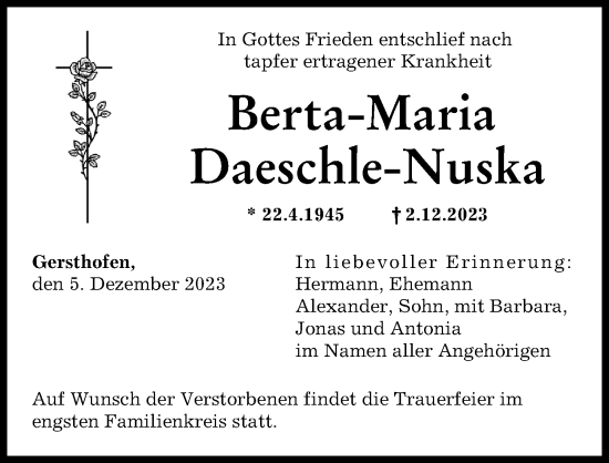 Traueranzeige von Berta-Maria Daeschle-Nuska von Augsburger Allgemeine