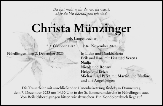 Traueranzeige von Christa Münzinger von Rieser Nachrichten