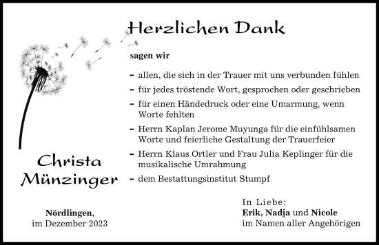 Traueranzeige von Christa Münzinger von Rieser Nachrichten