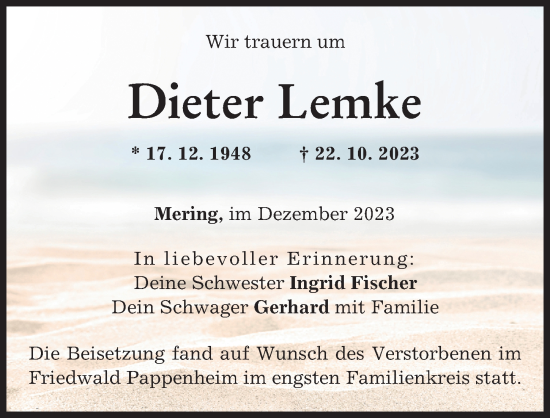 Traueranzeige von Dieter Lemke von Donau Zeitung