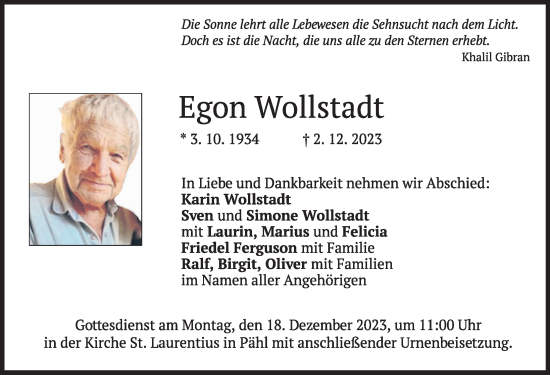 Traueranzeige von Egon Wollstadt von Ammersee Kurier