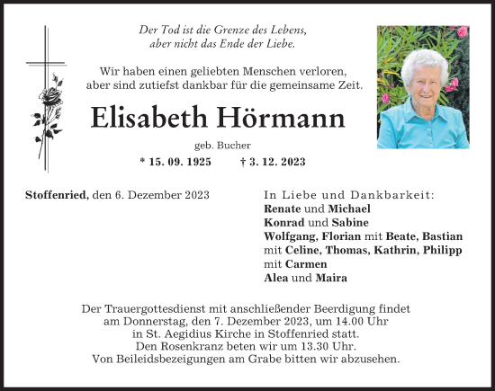 Traueranzeige von Elisabeth Hörmann von Mittelschwäbische Nachrichten