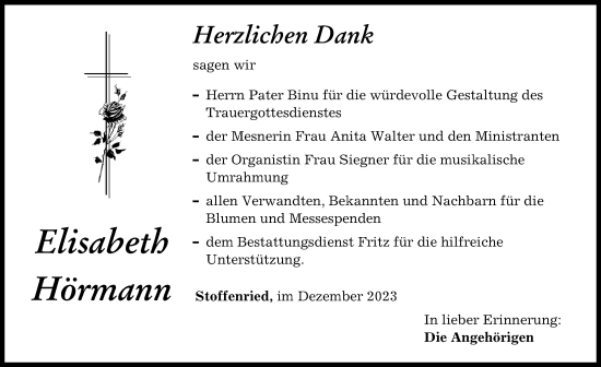 Traueranzeige von Elisabeth Hörmann von Mittelschwäbische Nachrichten