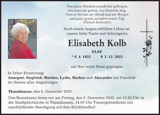 Traueranzeige von Elisabeth Kolb von Mittelschwäbische Nachrichten