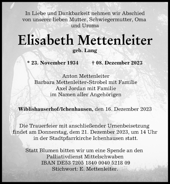 Traueranzeige von Elisabeth Mettenleiter von Günzburger Zeitung