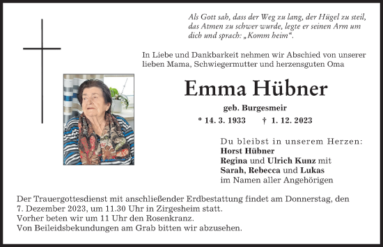 Traueranzeige von Emma Hübner von Donauwörther Zeitung