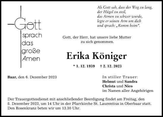 Traueranzeige von Erika Königer von Augsburg-Land
